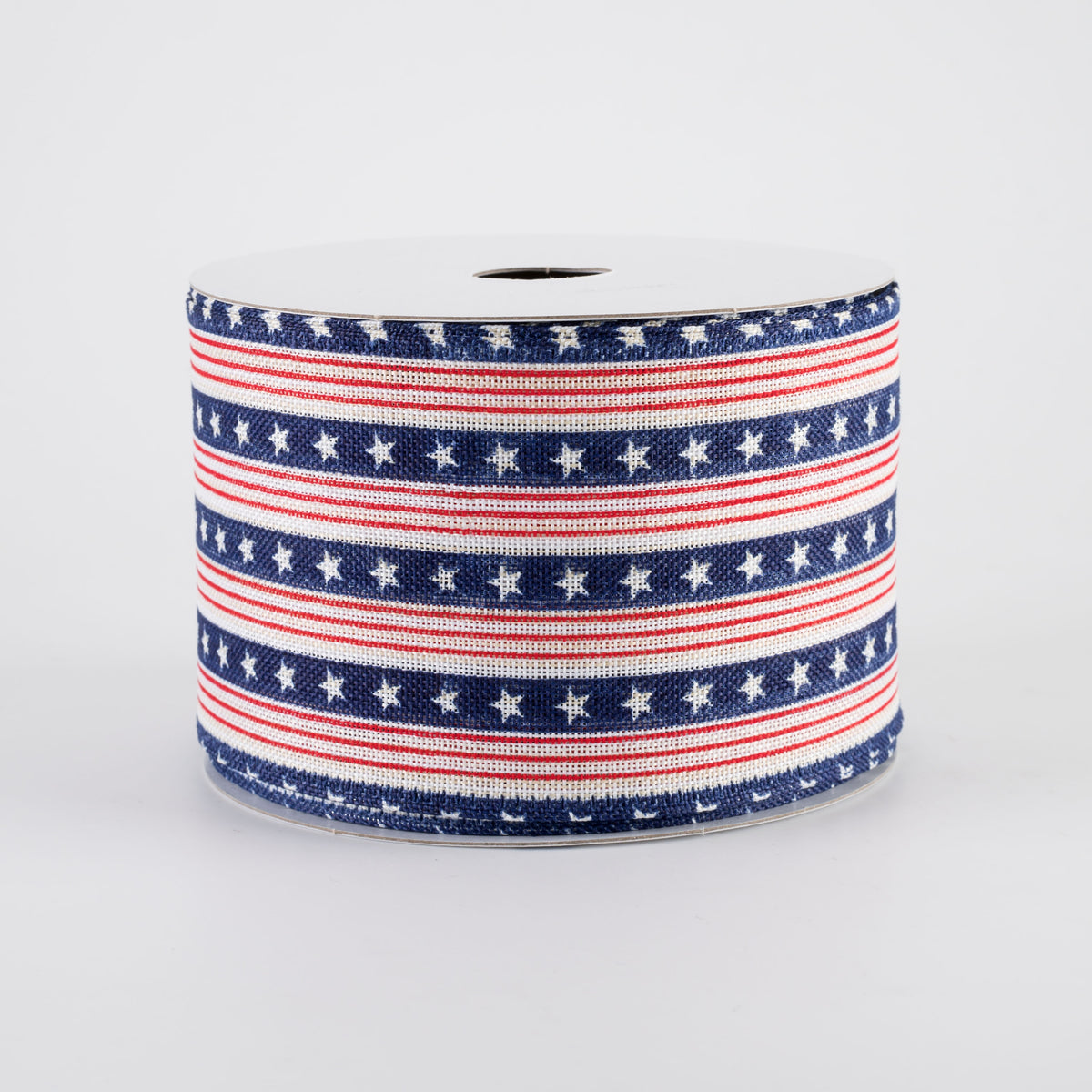 2.5" Linen Navy Stars & Red Stripes Ribbon: White (10 Yards)