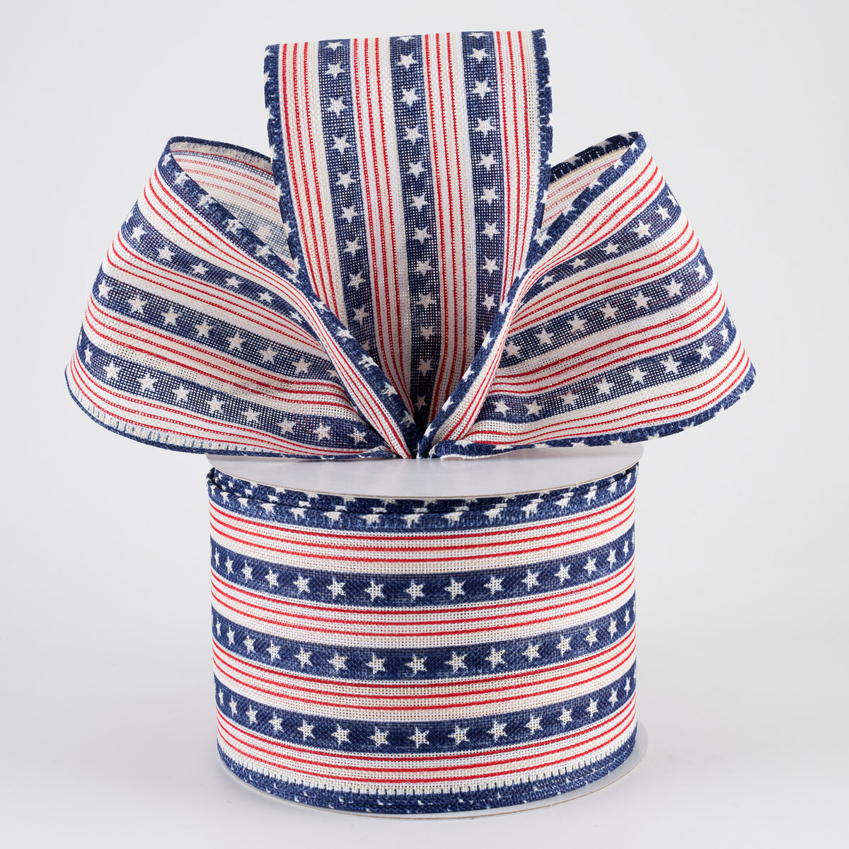 2.5" Linen Navy Stars & Red Stripes Ribbon: White (10 Yards)
