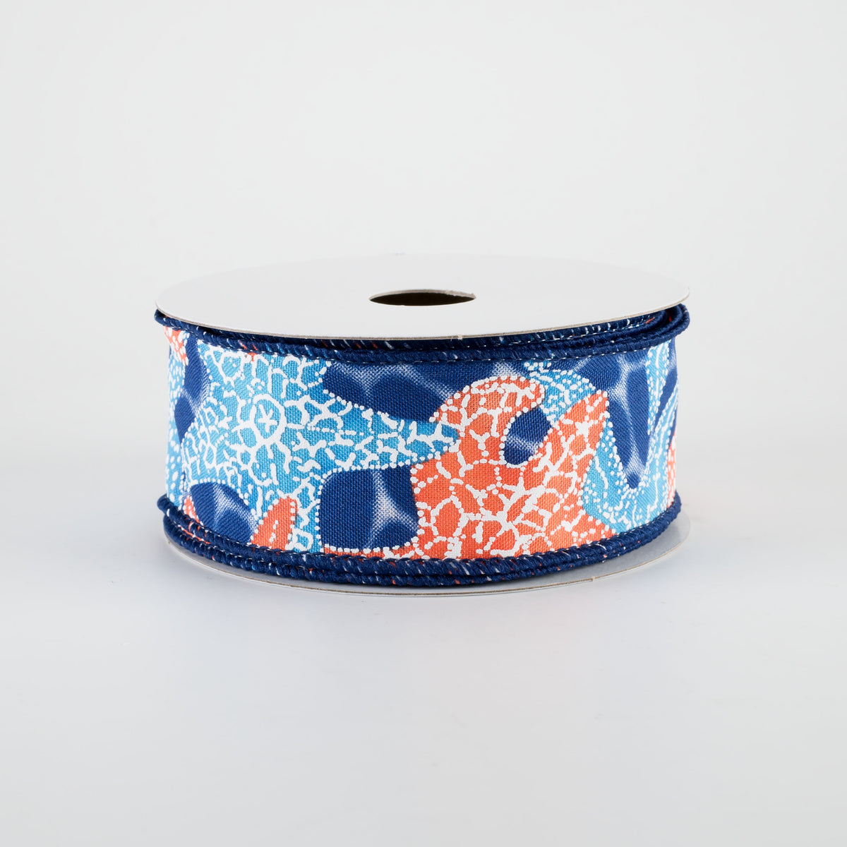 1.5" Starfish in Navy Water Ribbon: Coral & Blue (10 Yards)