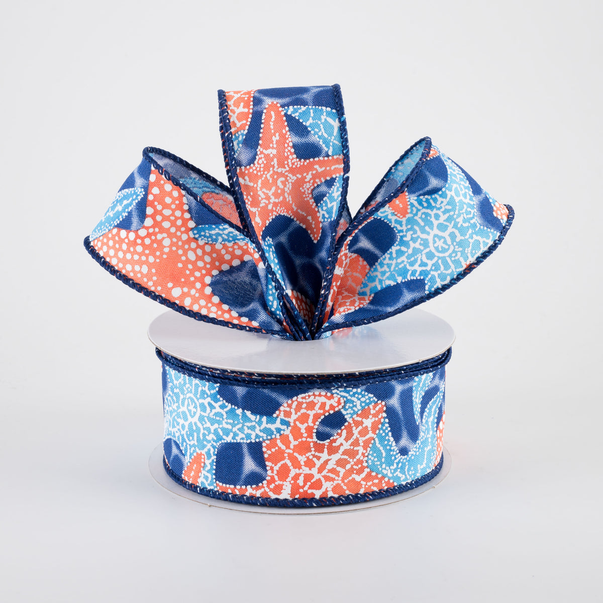 1.5" Starfish in Navy Water Ribbon: Coral & Blue (10 Yards)