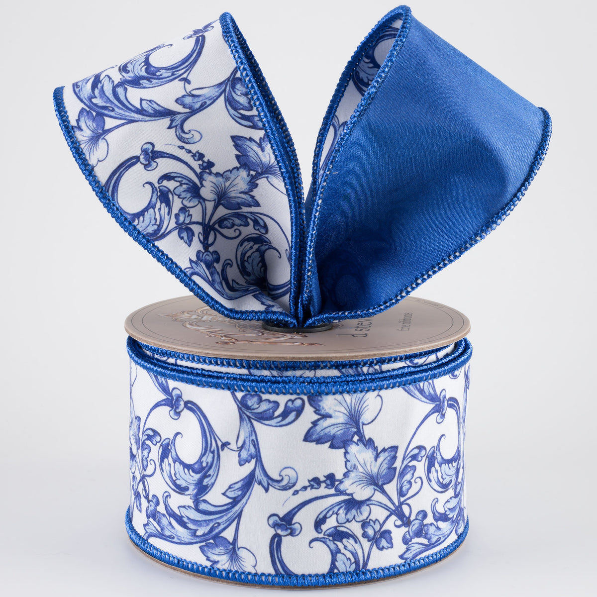 [D Stevens] 2.5" Taffeta Acanthus Scroll Chinoiserie Ribbon: Blue & White (10 Yards)