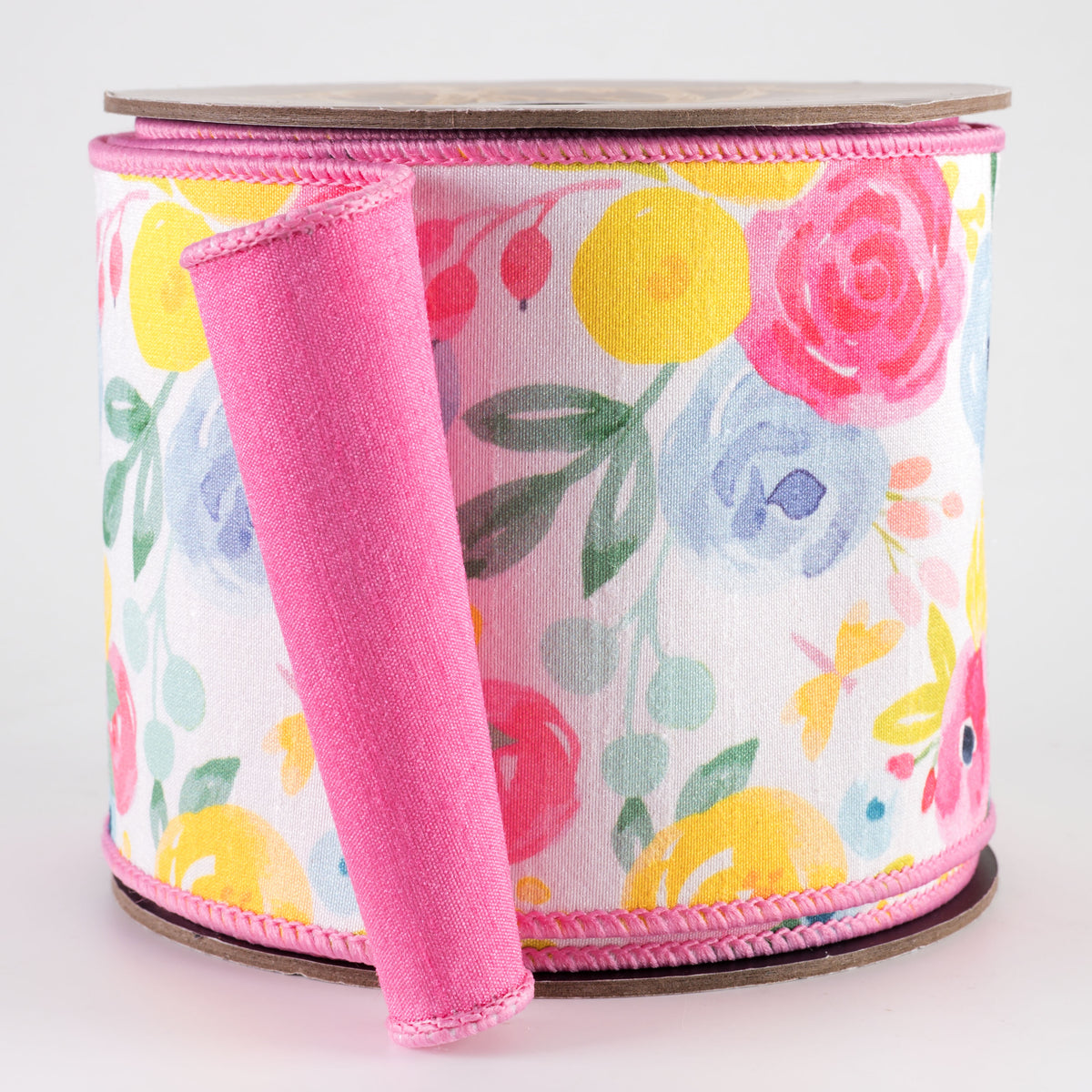 [D Stevens] 4" Dupioni Watercolor Roses Ribbon: Pink (10 Yards)