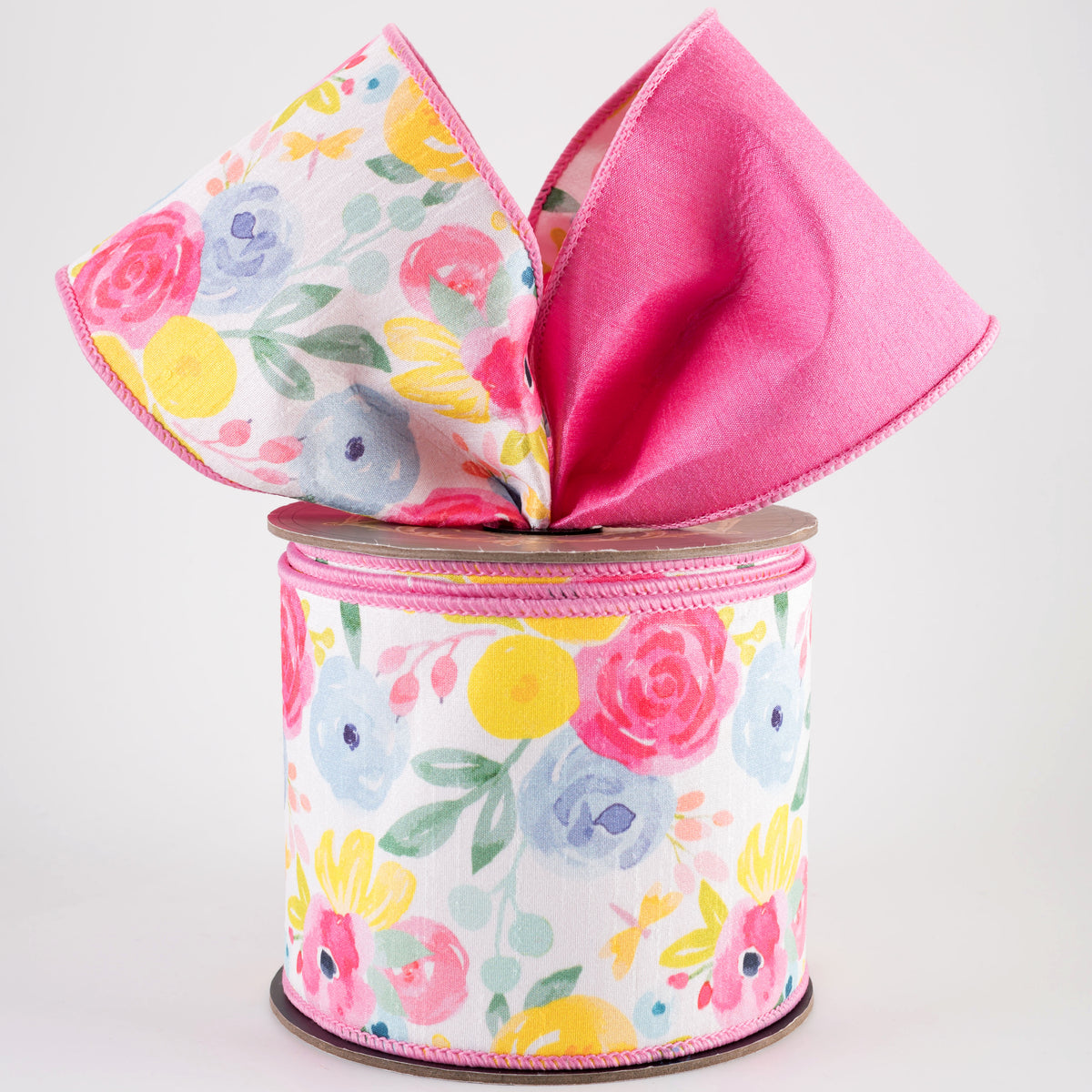 [D Stevens] 4" Dupioni Watercolor Roses Ribbon: Pink (10 Yards)
