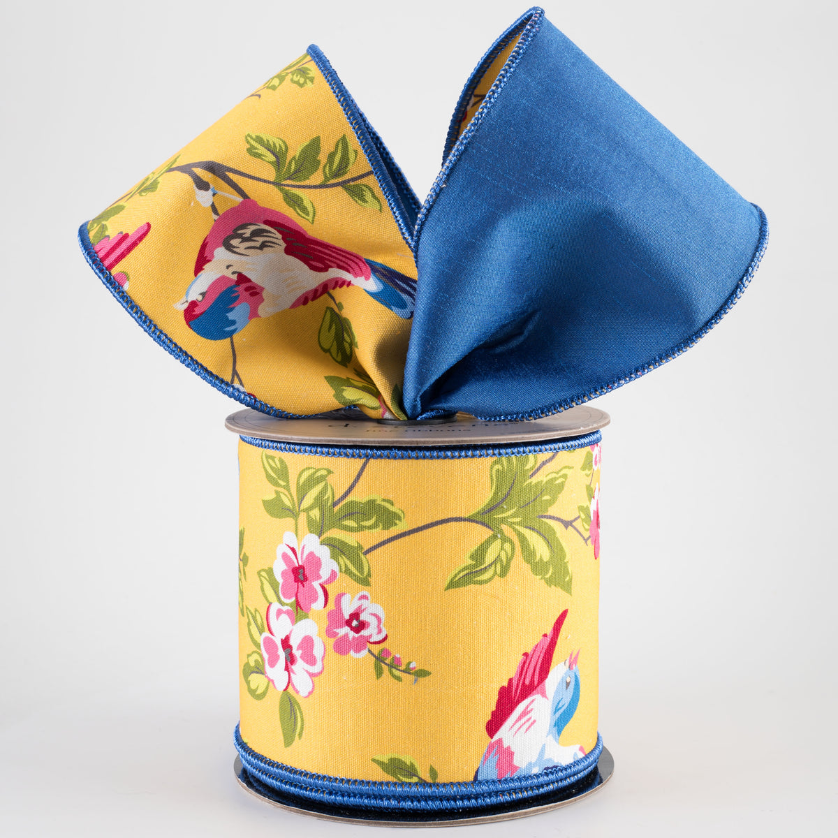 [D Stevens] 4" Canvas Blue Birds & Cherry Blossoms Ribbon: Blue (10 Yards)