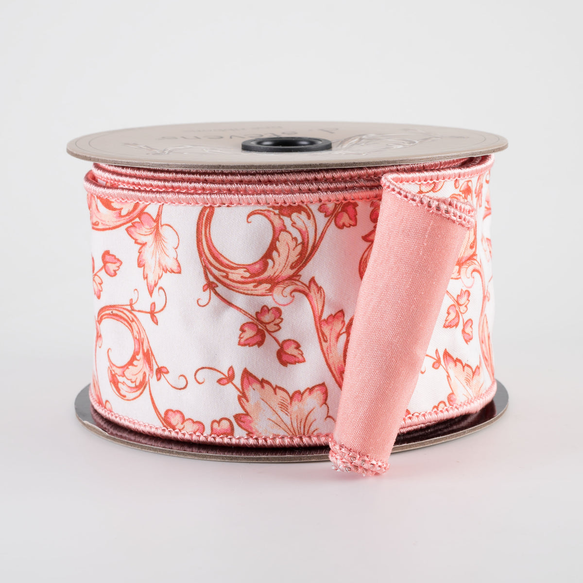 [D Stevens] 2.5" Taffeta Acanthus Scroll Chinoiserie Ribbon: Peach & White (10 Yards)