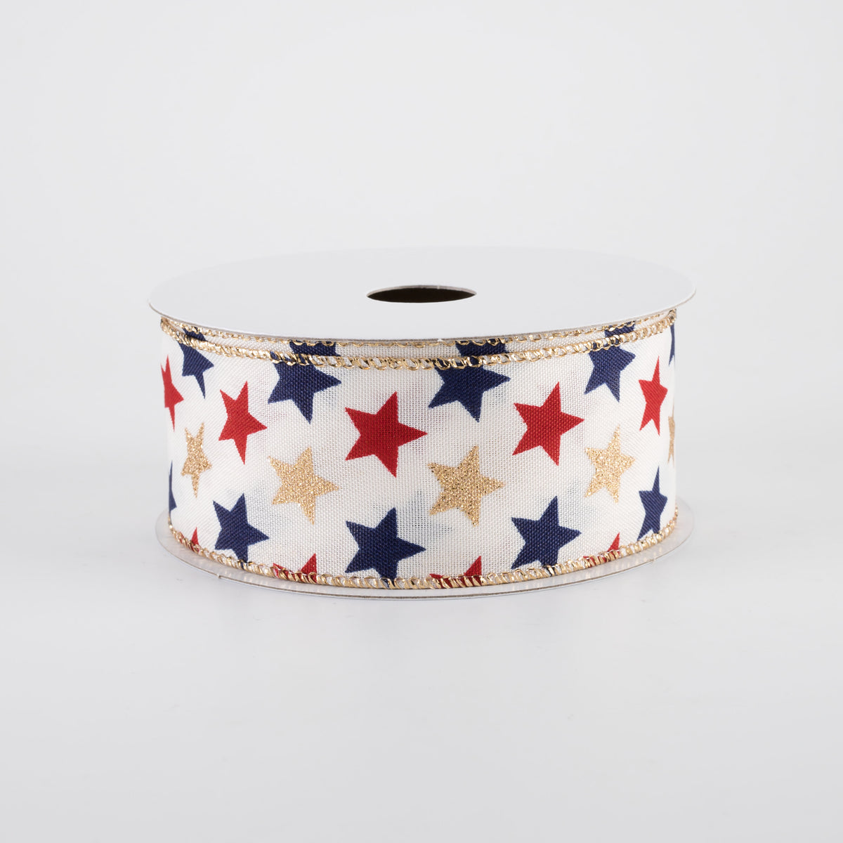 1.5" Glitter Stars Ribbon: Navy, Red & Gold on Ivory (10 Yards)