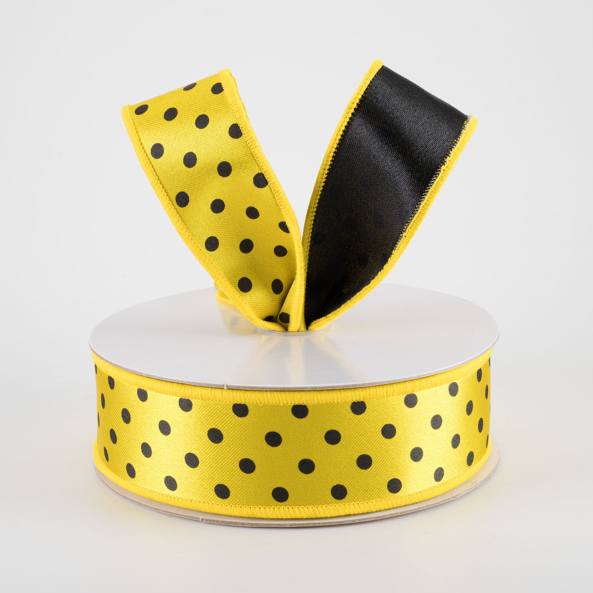 1.5" Double Sided Fused Small Polka Dot Ribbon: Yellow & Black (10 Yards)