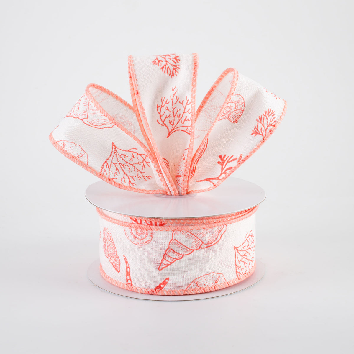 1.5" Canvas Stamped Beach Icons Ribbon: Coral on Ivory (10 Yards)
