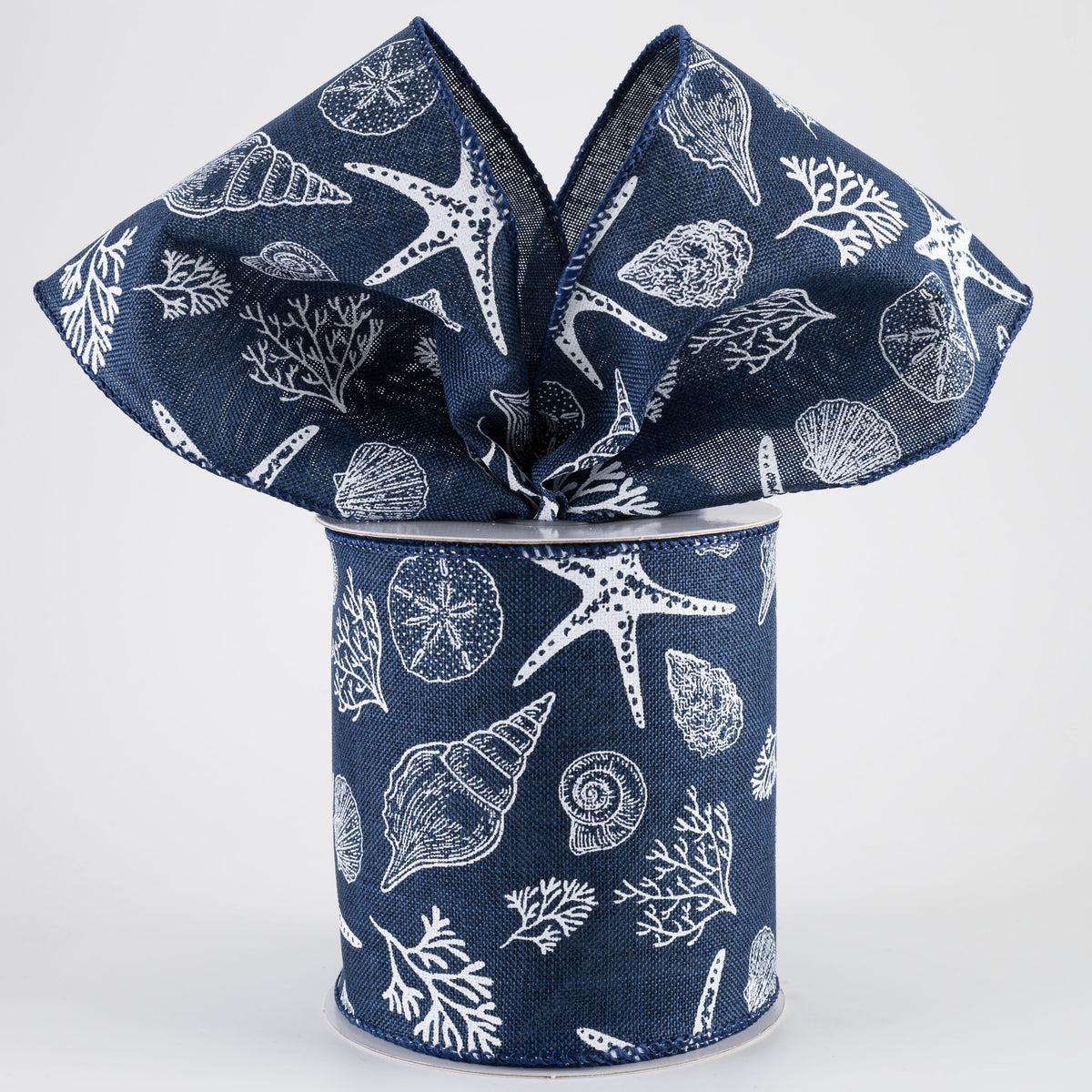 4" Linen Stamped Beach Icons Ribbon: Navy Blue (10 Yards)
