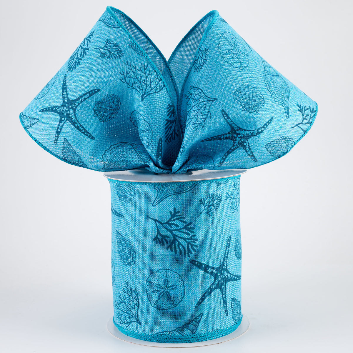 4" Linen Stamped Beach Icons Ribbon: Aqua & Navy Blue (10 Yards)