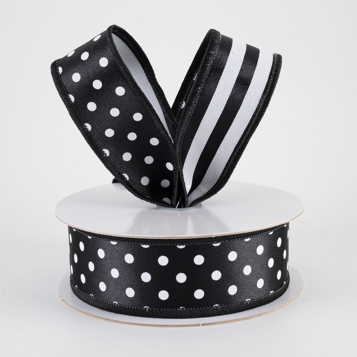 1.5" Double Sided Fused Polka Dots & Stripes Ribbon: Black & White (10 Yards)