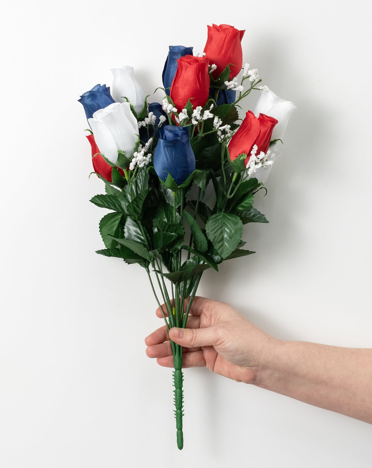 18" Colorfast Rose Bud Bush with Gypso: Red, White & Navy Blue (14 Stem)