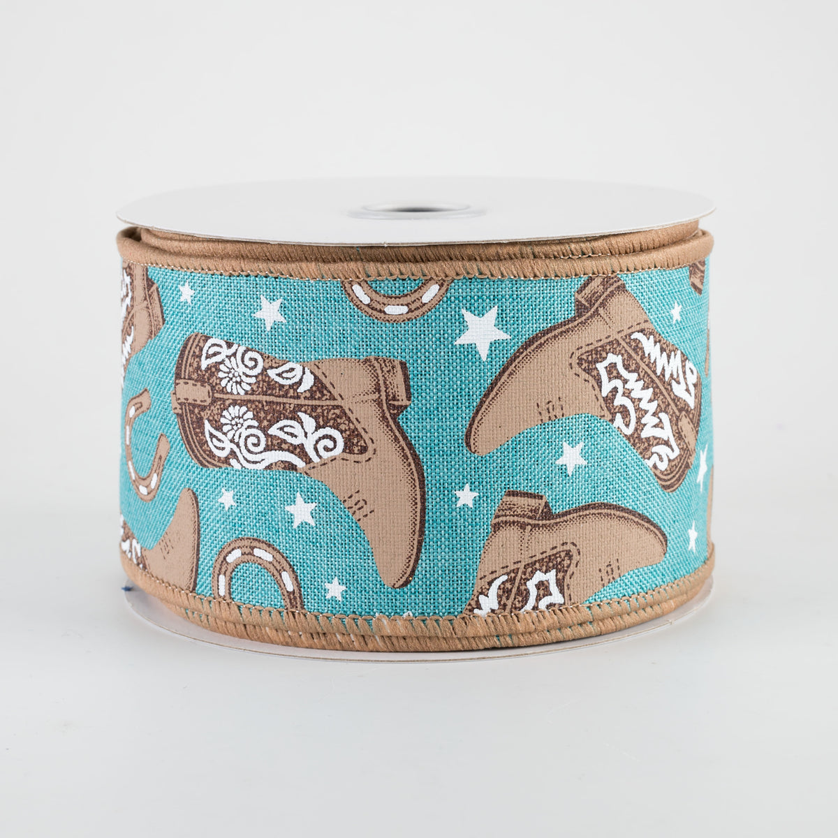 2.5" Cowboy Boots & Horseshoes Ribbon: Light Teal (10 Yards)