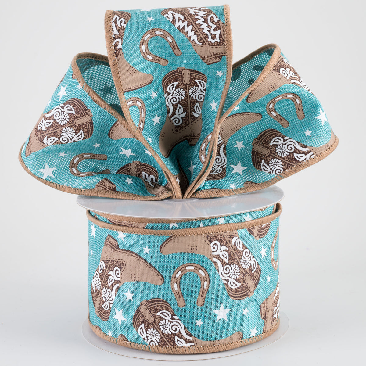 2.5" Cowboy Boots & Horseshoes Ribbon: Light Teal (10 Yards)