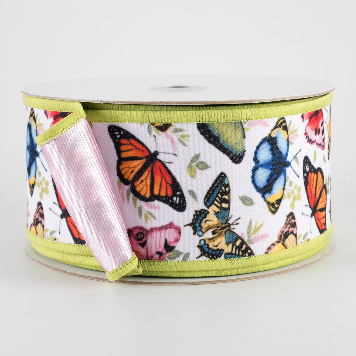 2.5" Double Sided Fused Multicolor Butterflies Ribbon: Pink (10 Yards)