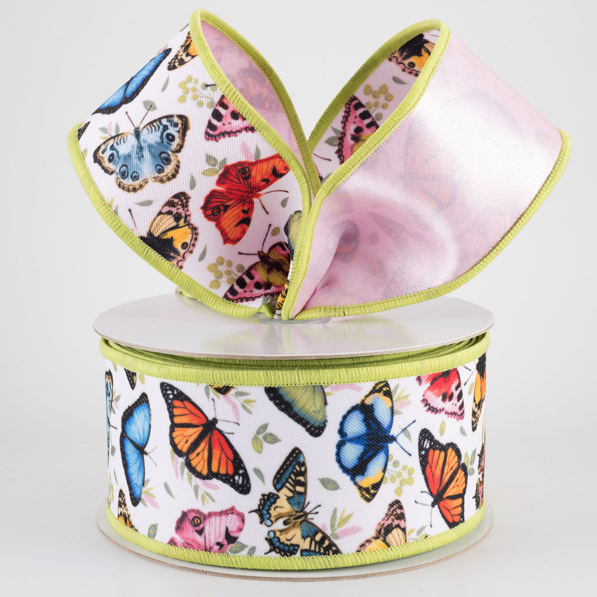 2.5" Double Sided Fused Multicolor Butterflies Ribbon: Pink (10 Yards)