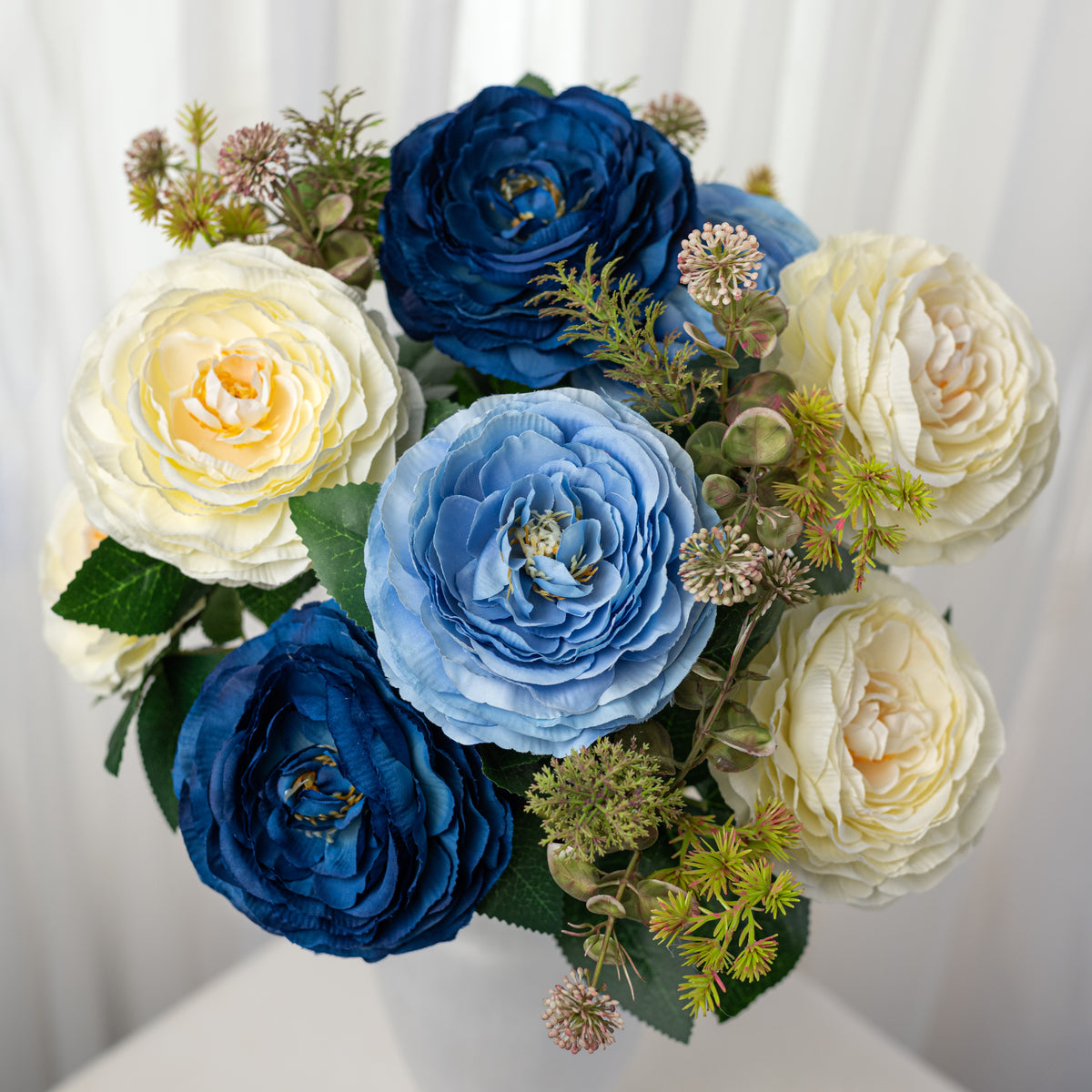 21" Ranunculus Bush: Cream & Blue Mix (12 Stem)
