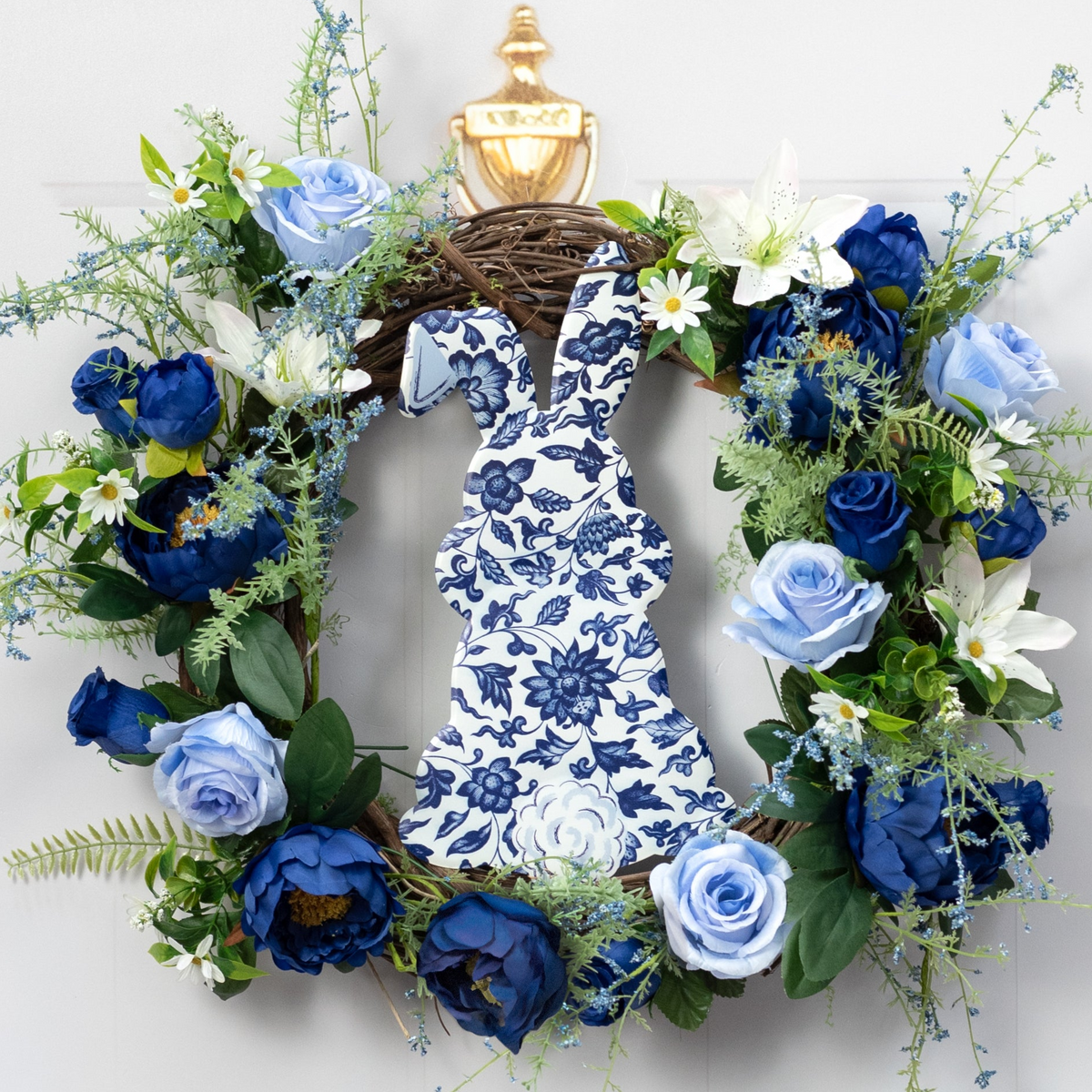 15" Embossed Metal Sign: Blue & White Chinoiserie Bunny Bottom