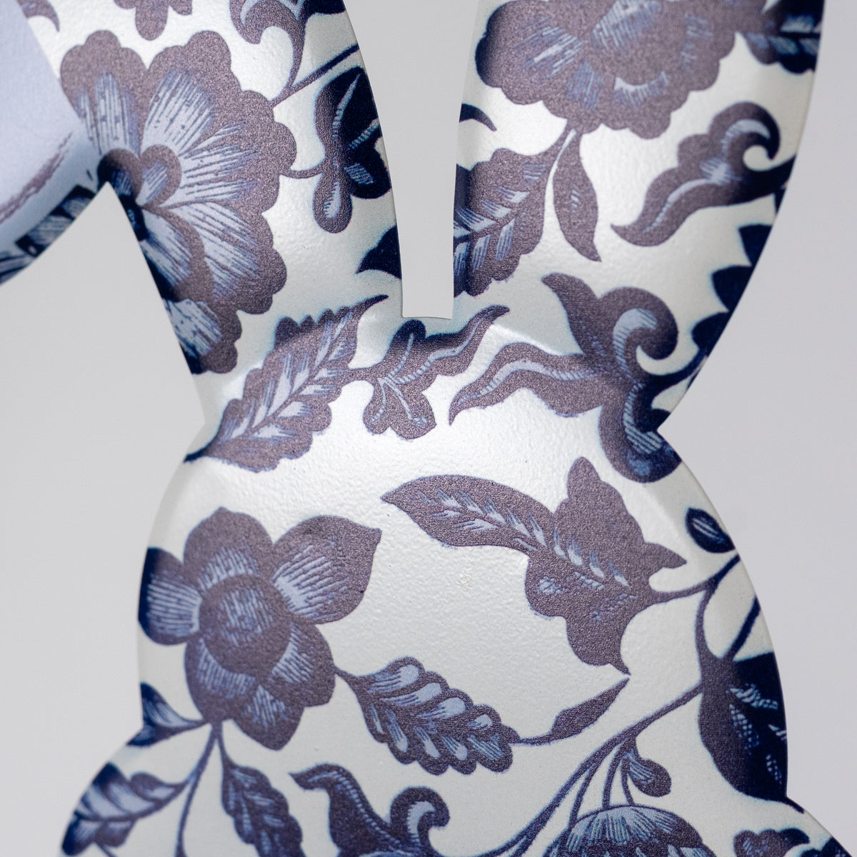 15" Embossed Metal Sign: Blue & White Chinoiserie Bunny Bottom