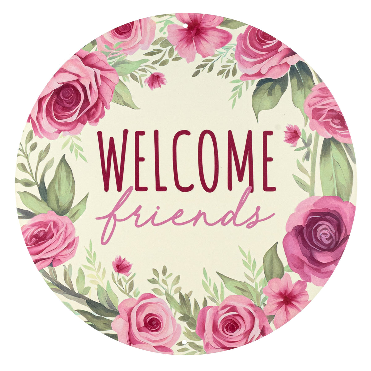 12" Round Metal Sign: Welcome Friends Pink Flowers