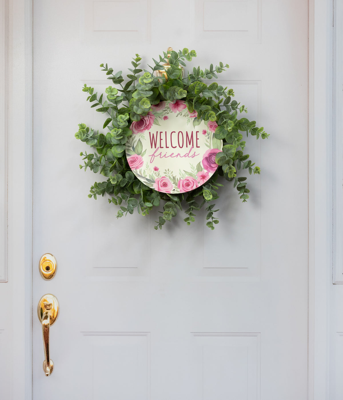 12" Round Metal Sign: Welcome Friends Pink Flowers