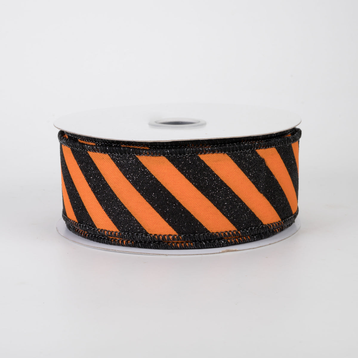 1.5" Diagonal Glitter Stripe Canvas Ribbon: Black on Orange (10 Yards)