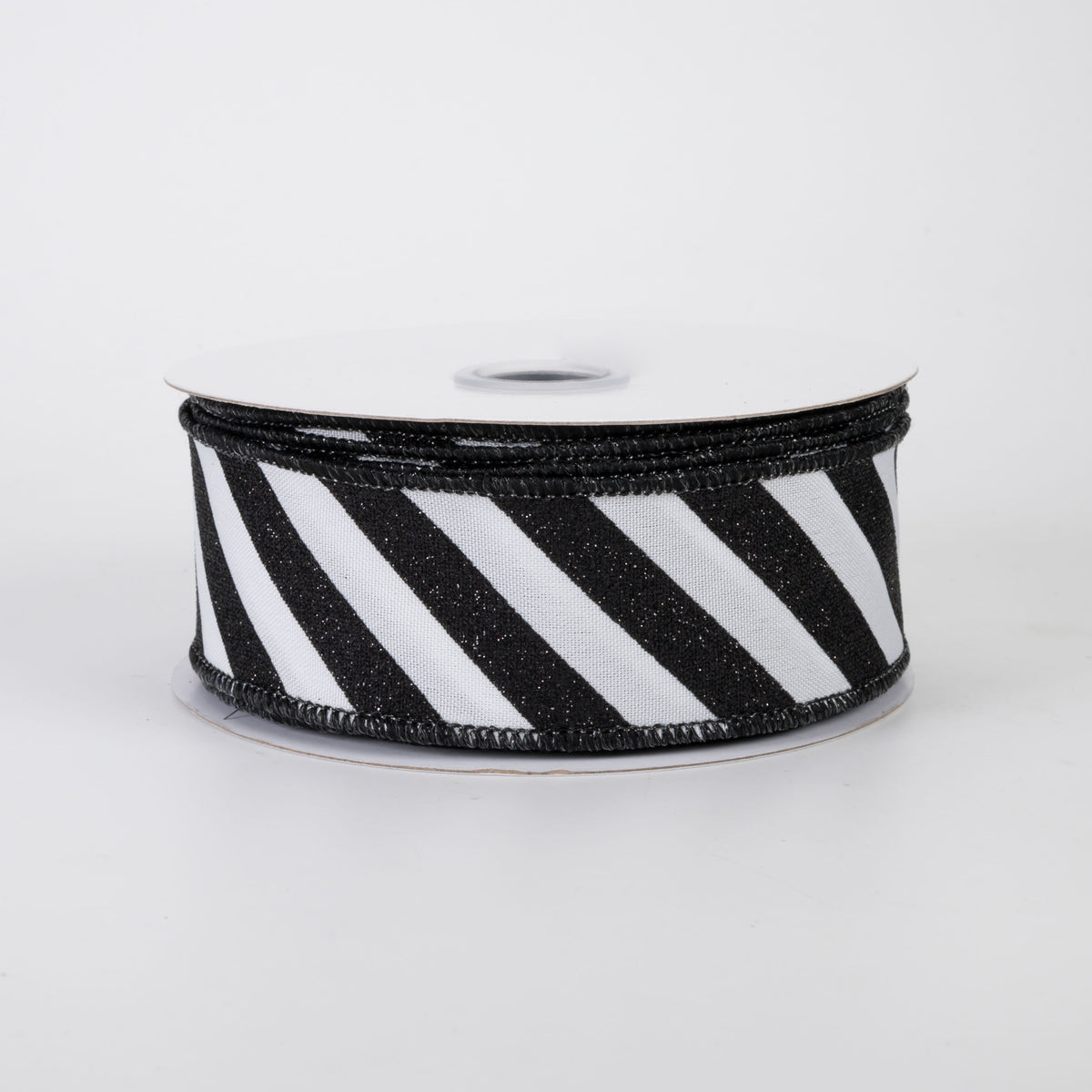 1.5" Diagonal Glitter Stripe Canvas Ribbon: Black on White (10 Yards)