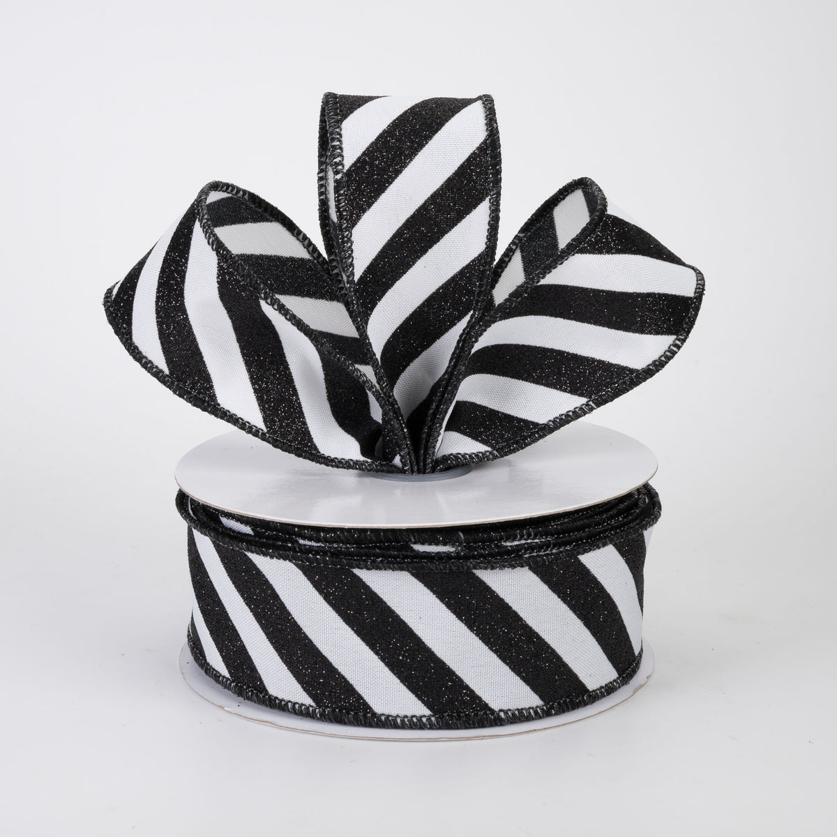 1.5" Diagonal Glitter Stripe Canvas Ribbon: Black on White (10 Yards)