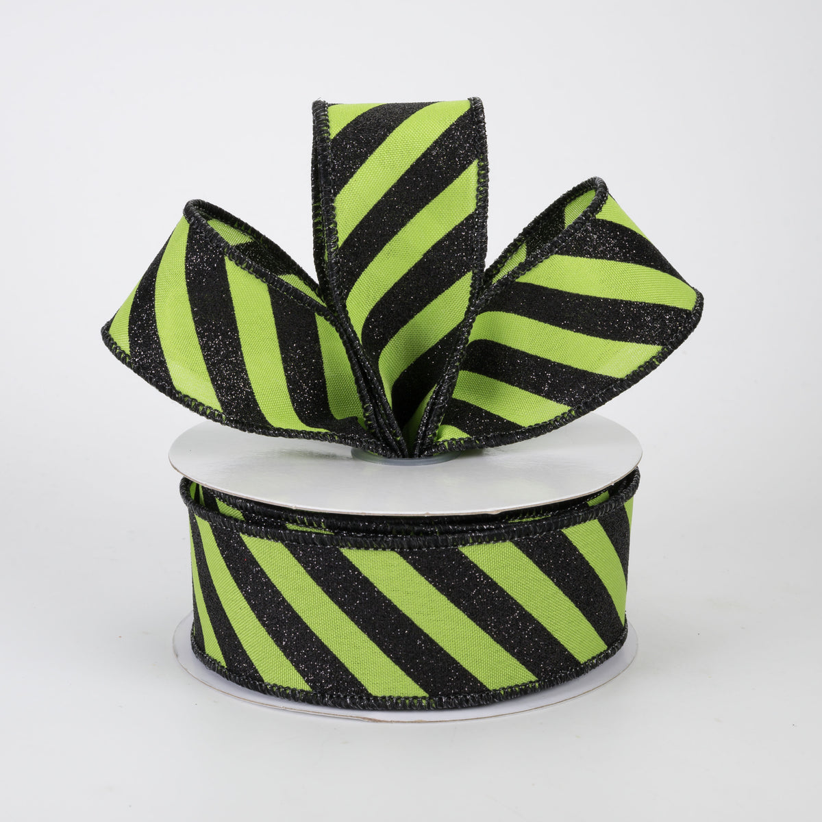 1.5" Diagonal Glitter Stripe Canvas Ribbon: Black on Lime Green (10 Yards)