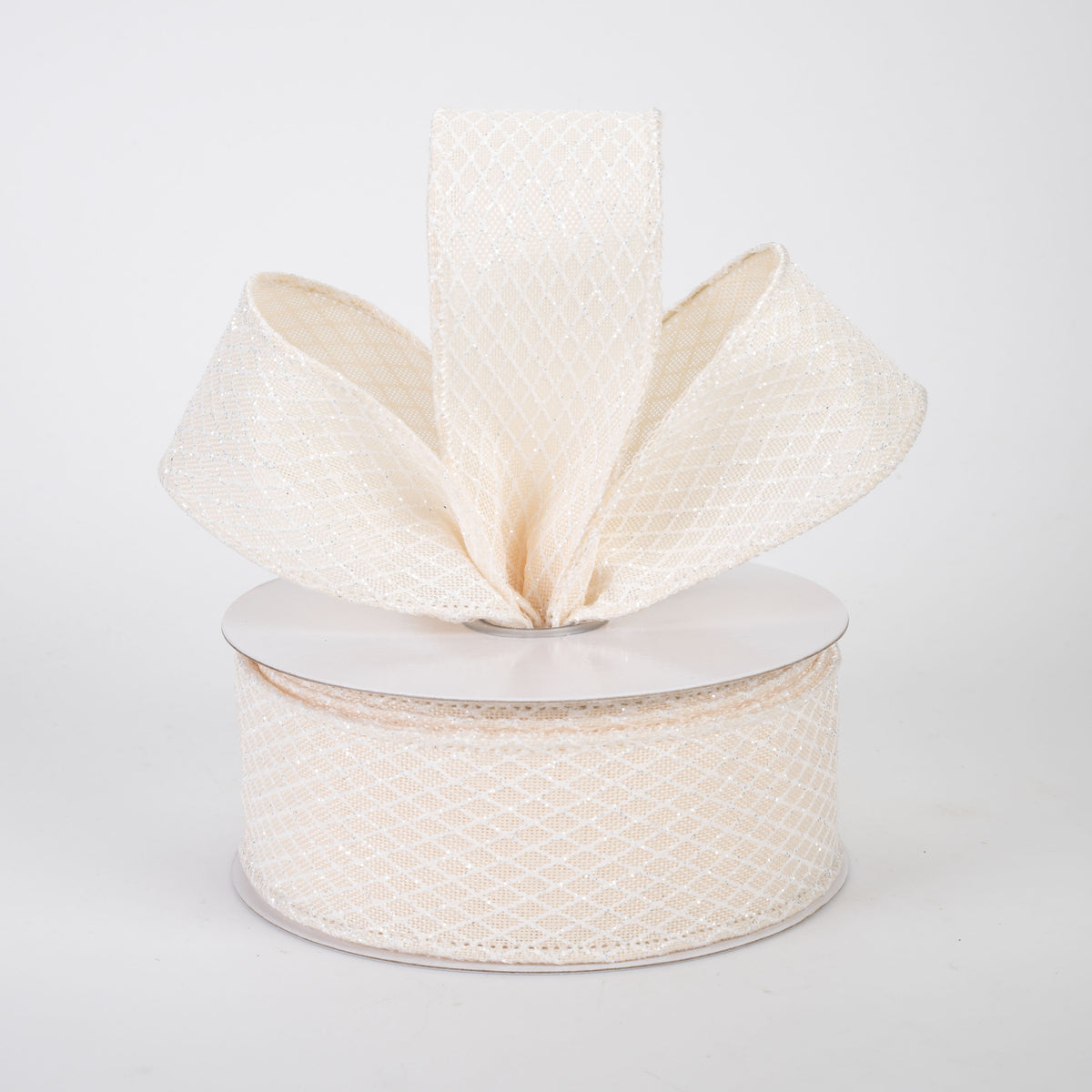 1.5" Mini Glitter Harlequin Ribbon: White on Cream (10 Yards)