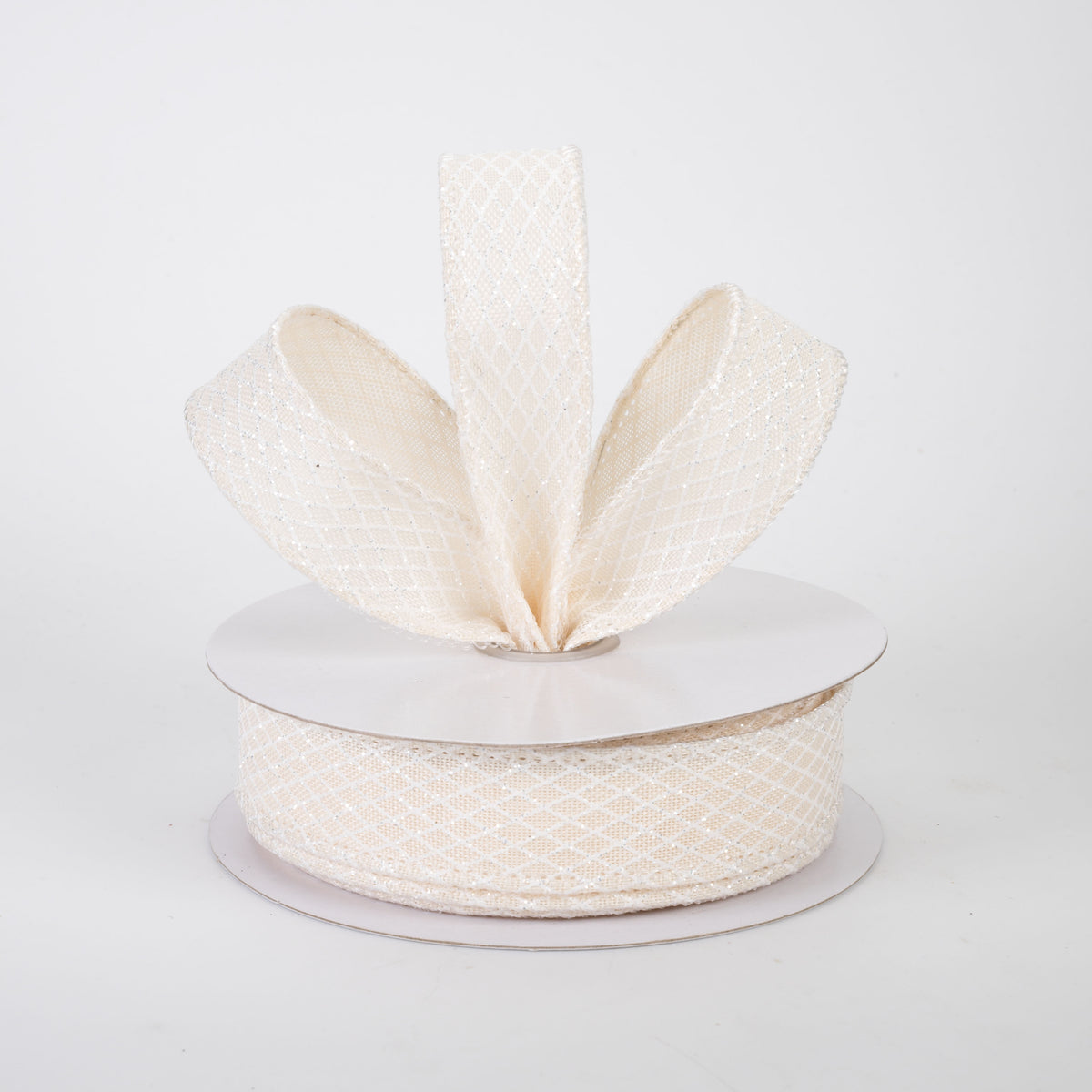 7/8" Mini Glitter Harlequin Ribbon: White on Cream (10 Yards)