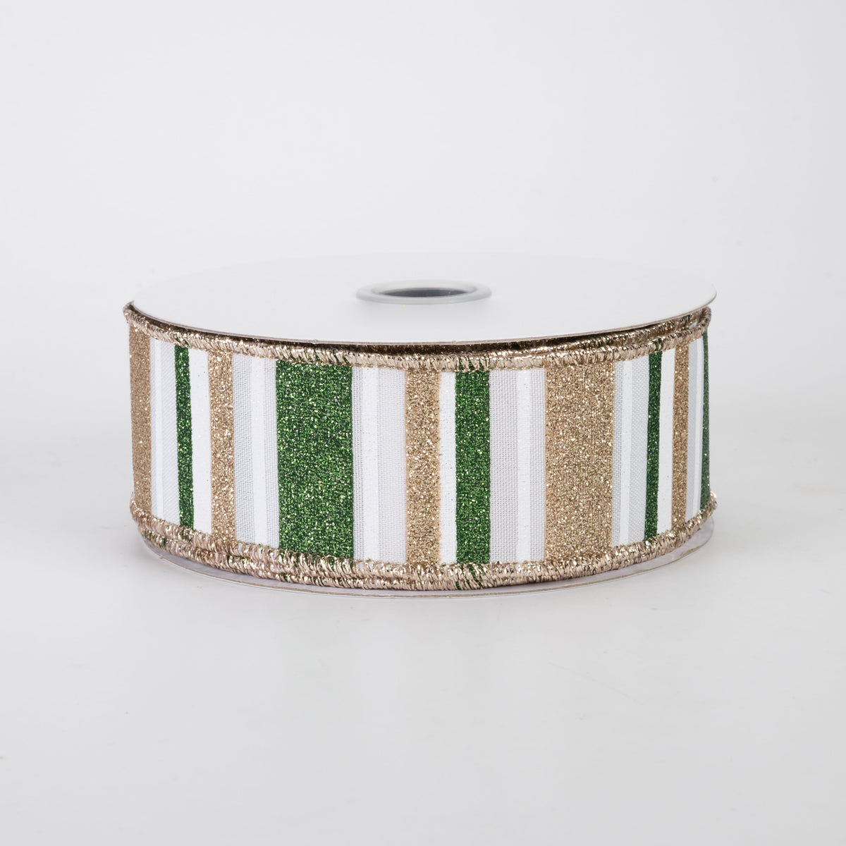 1.5" Multi Glitter Stripes Ribbon: Sage Green, Champagne Gold  & White (10 Yards)