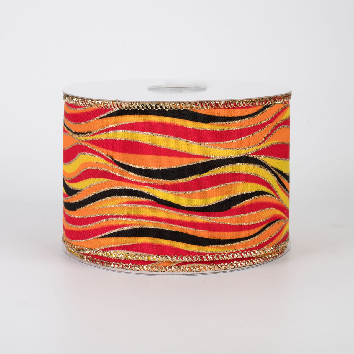 2.5" Glittered Wavy Stripes Ribbon: Red, Orange, Yellow & Black (10 Yards)