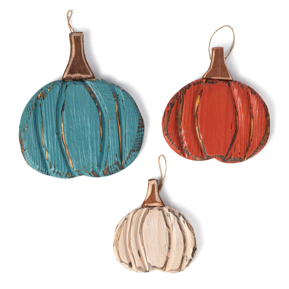 Wooden Pumpkin Ornament Hangers: Beige, Orange & Teal (Set of 3)