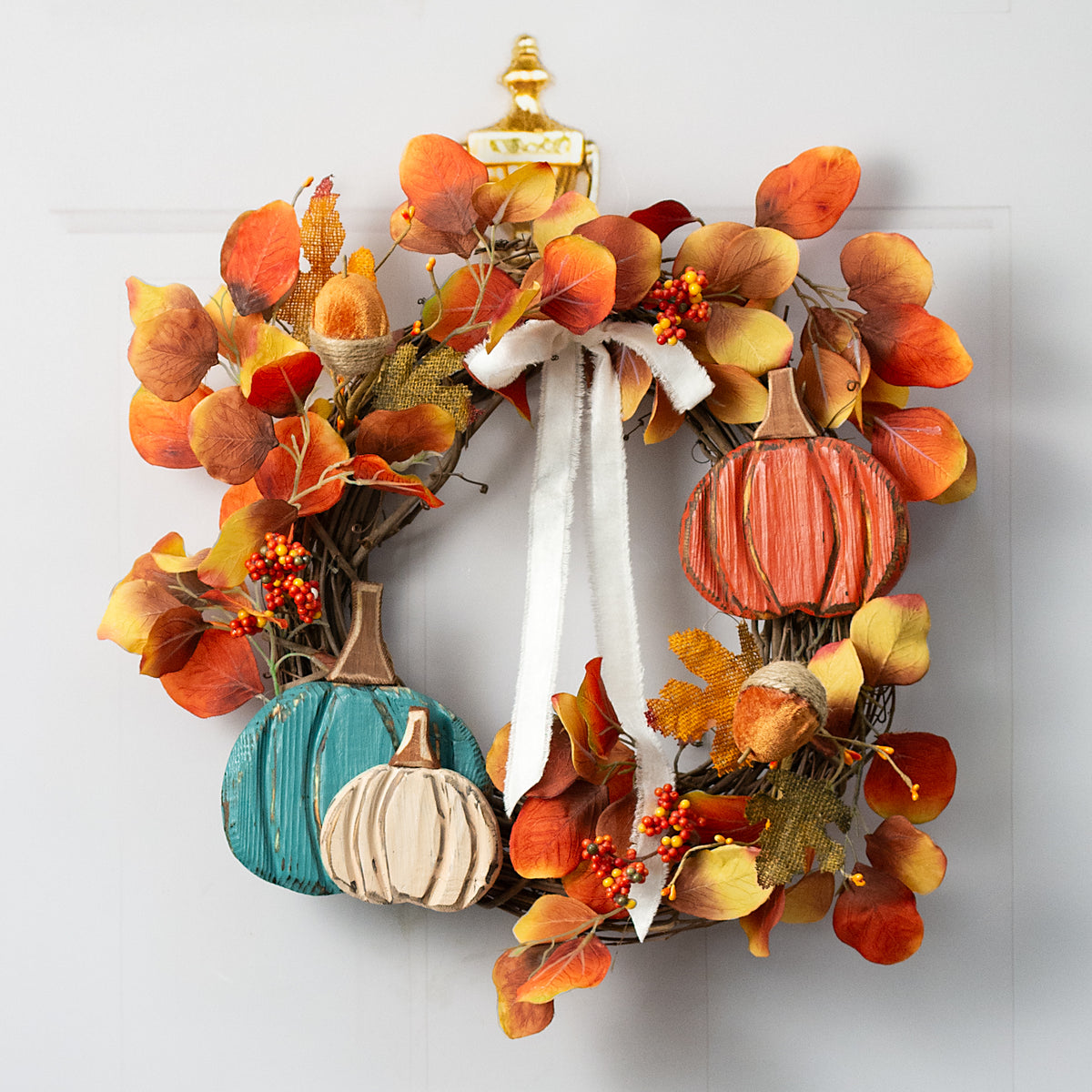 Wooden Pumpkin Ornament Hangers: Beige, Orange & Teal (Set of 3)