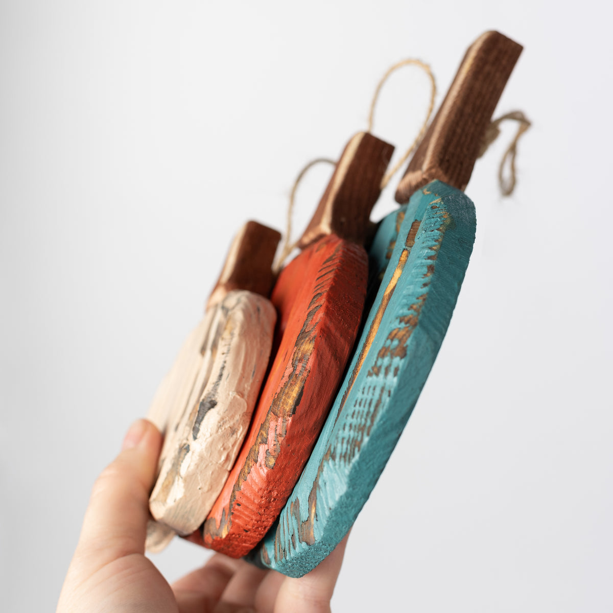 Wooden Pumpkin Ornament Hangers: Beige, Orange & Teal (Set of 3)