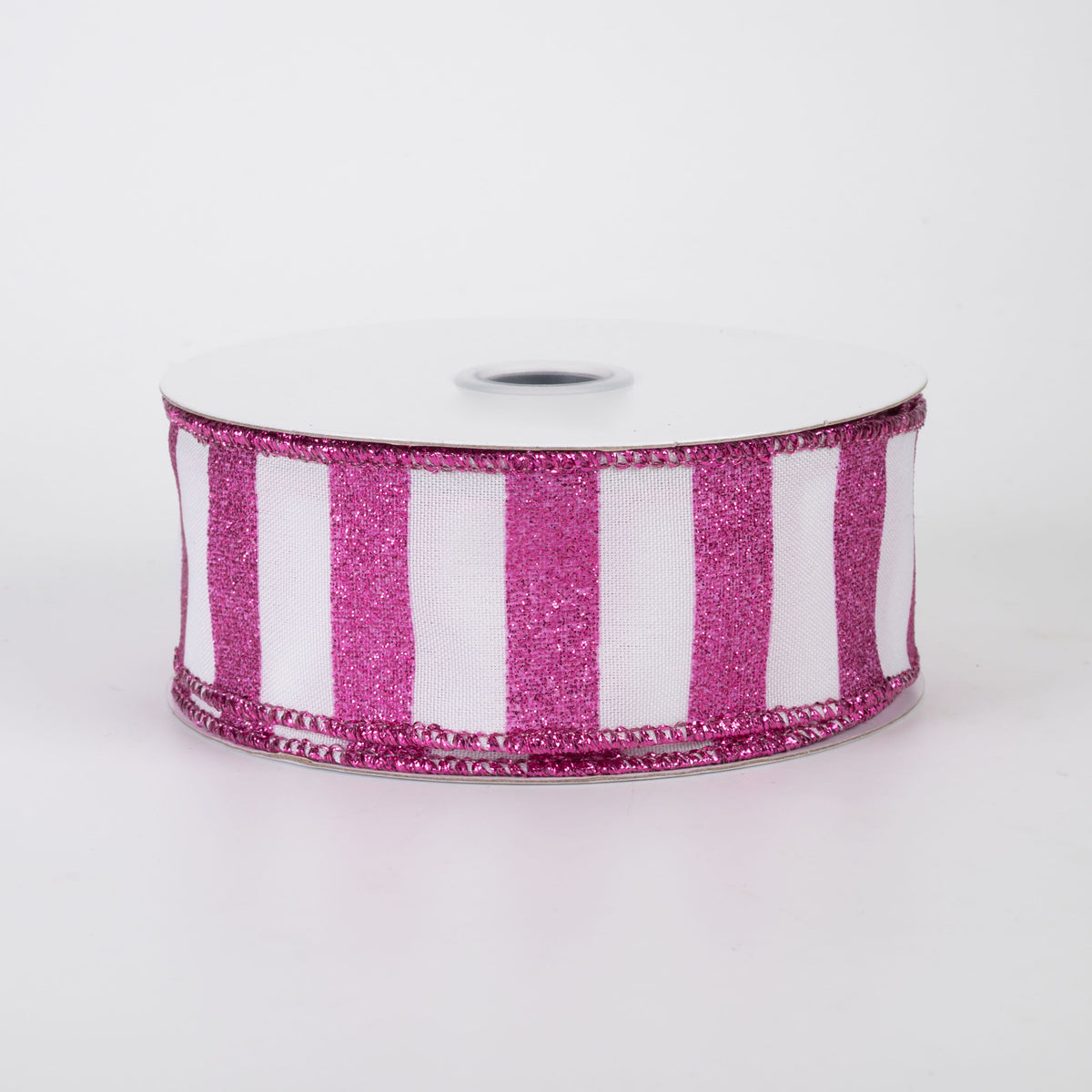 1.5" Horizontal Glitter Stripes Ribbon: Hot Pink on White (10 Yards)