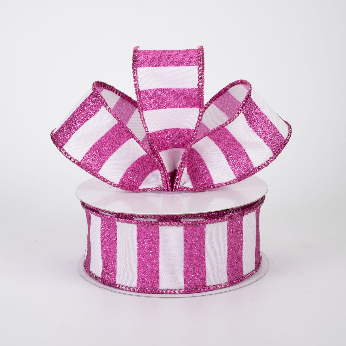 1.5" Horizontal Glitter Stripes Ribbon: Hot Pink on White (10 Yards)