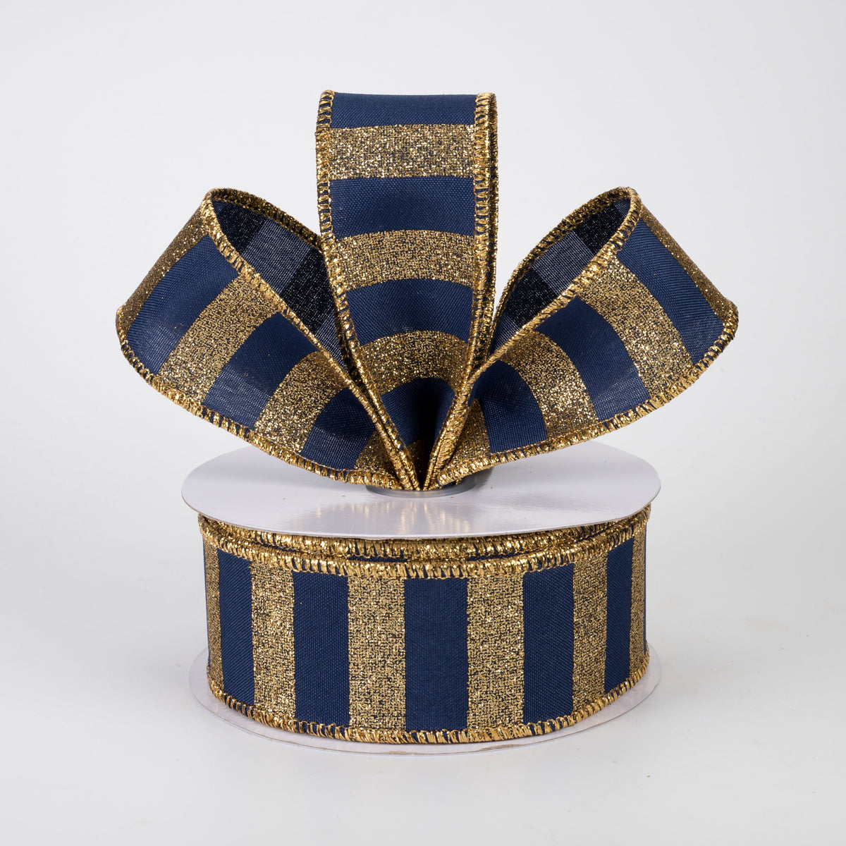1.5" Horizontal Glitter Stripes Ribbon: Gold on Navy Blue (10 Yards)