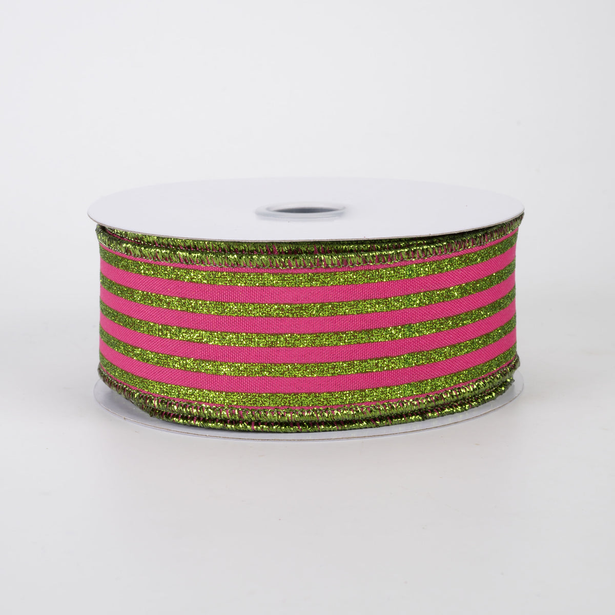 1.5" Glitter Vertical Stripe Ribbon: Lime Green on Hot Pink (10 Yards)
