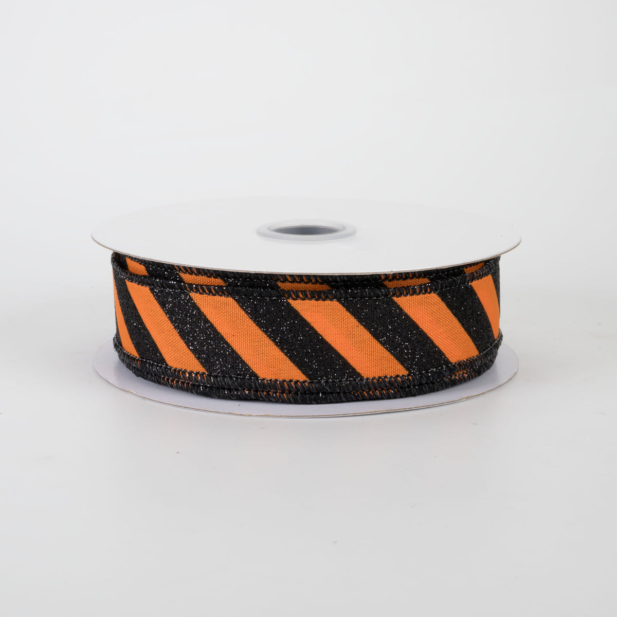 7/8" Diagonal Glitter Stripe Canvas Ribbon: Black on Orange (10 Yards)