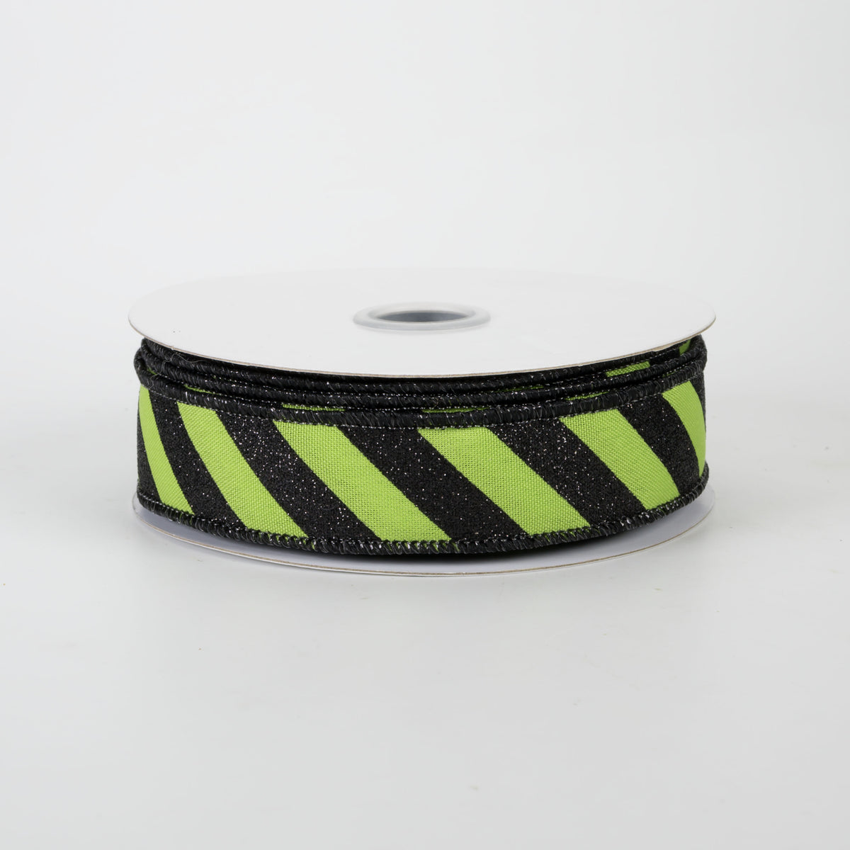 7/8" Diagonal Glitter Stripe Canvas Ribbon: Black on Lime Green (10 Yards)