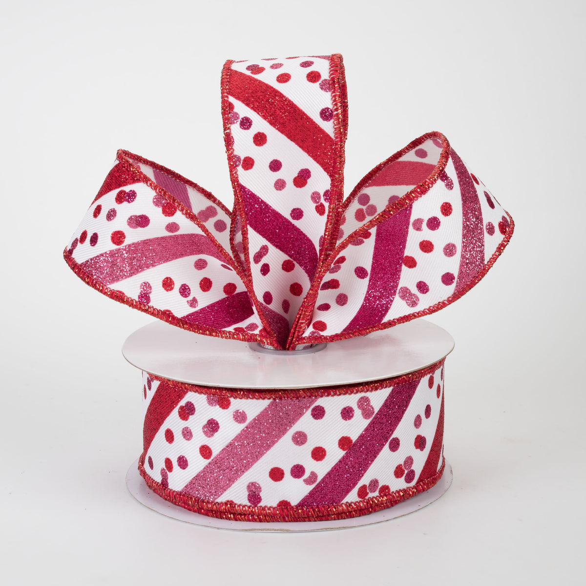 1.5" Diagonal Glitter Stripes & Confetti Dots Ribbon: White, Pink & Red (10 Yards)