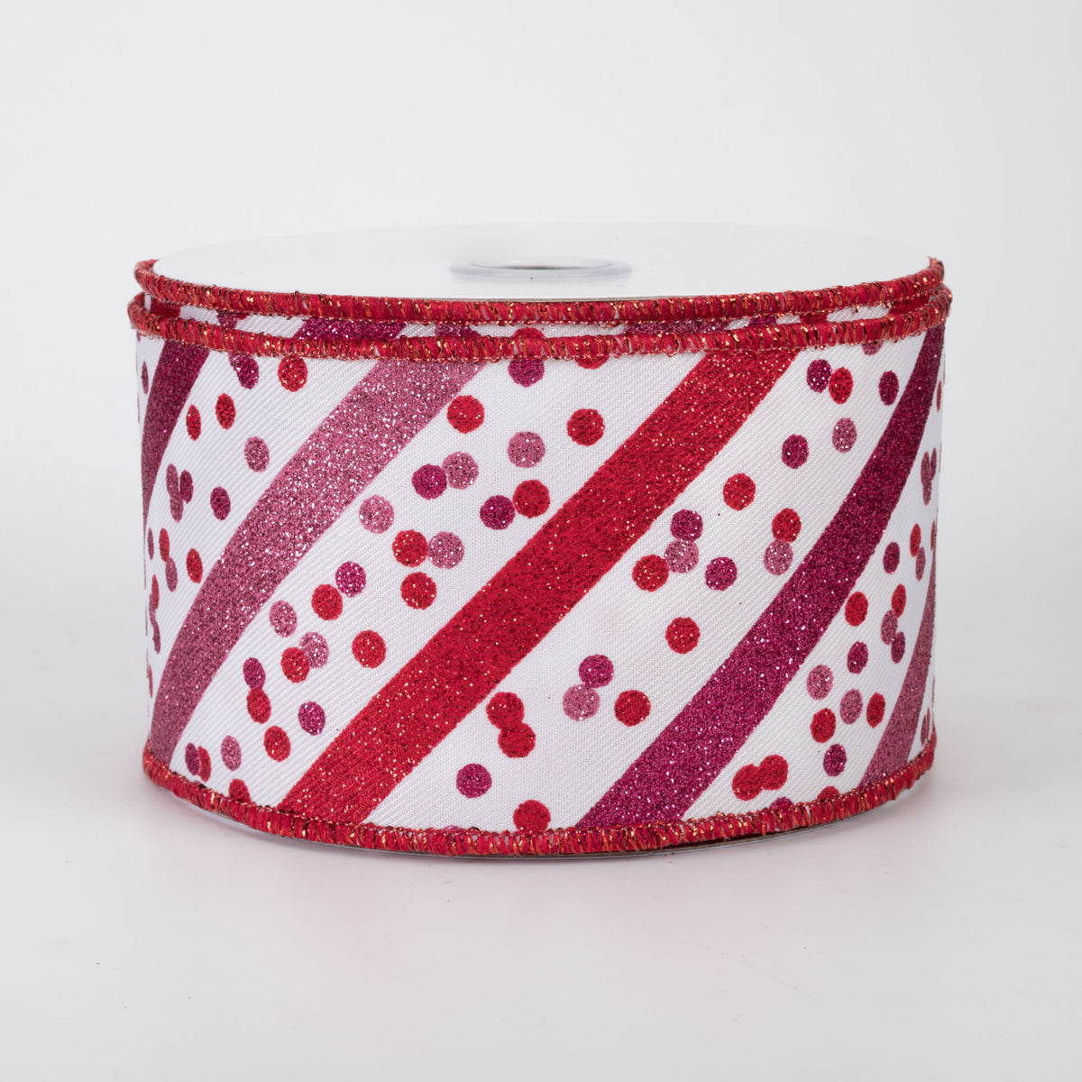 2.5" Diagonal Glitter Stripes & Confetti Dots Ribbon: White, Pink & Red (10 Yards)