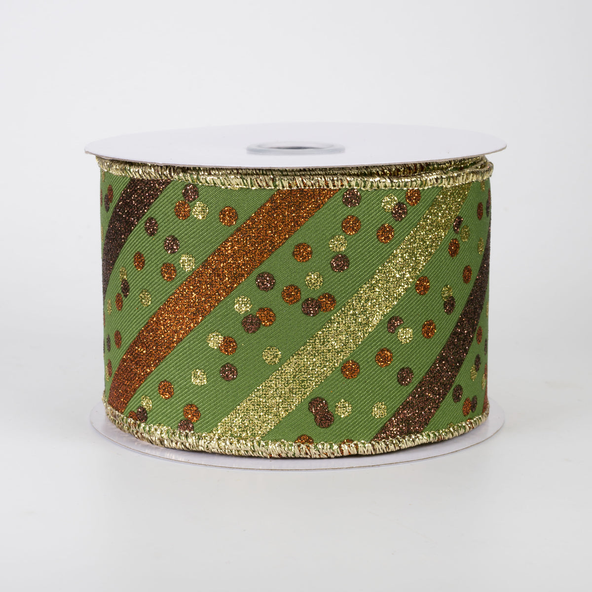 2.5" Diagonal Glitter Stripes & Confetti Dots Ribbon: Moss Green Fall (10 Yards)