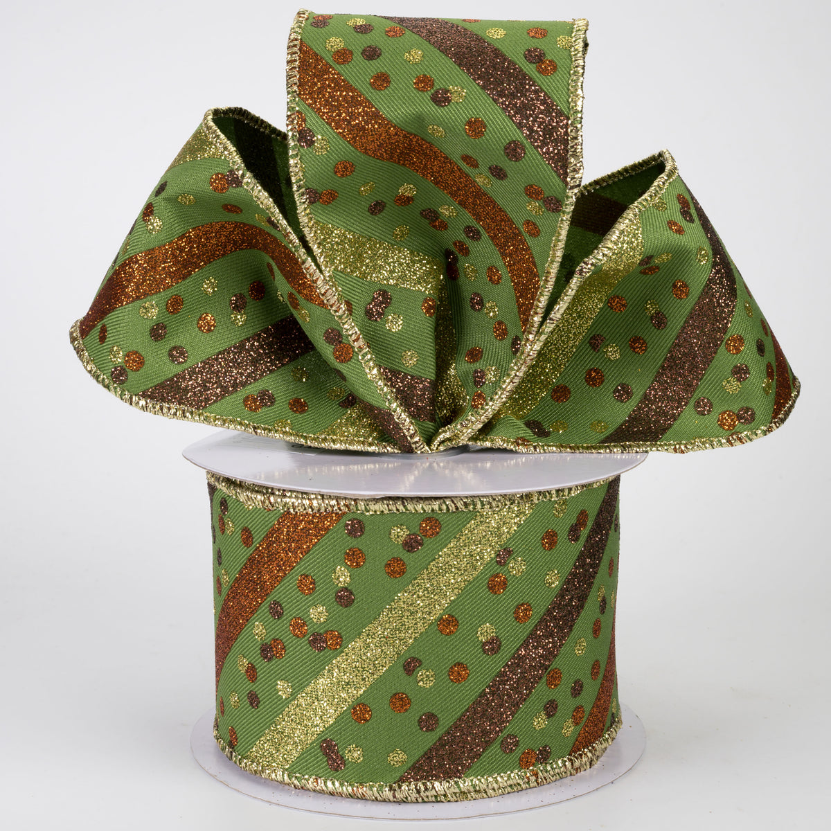 2.5" Diagonal Glitter Stripes & Confetti Dots Ribbon: Moss Green Fall (10 Yards)