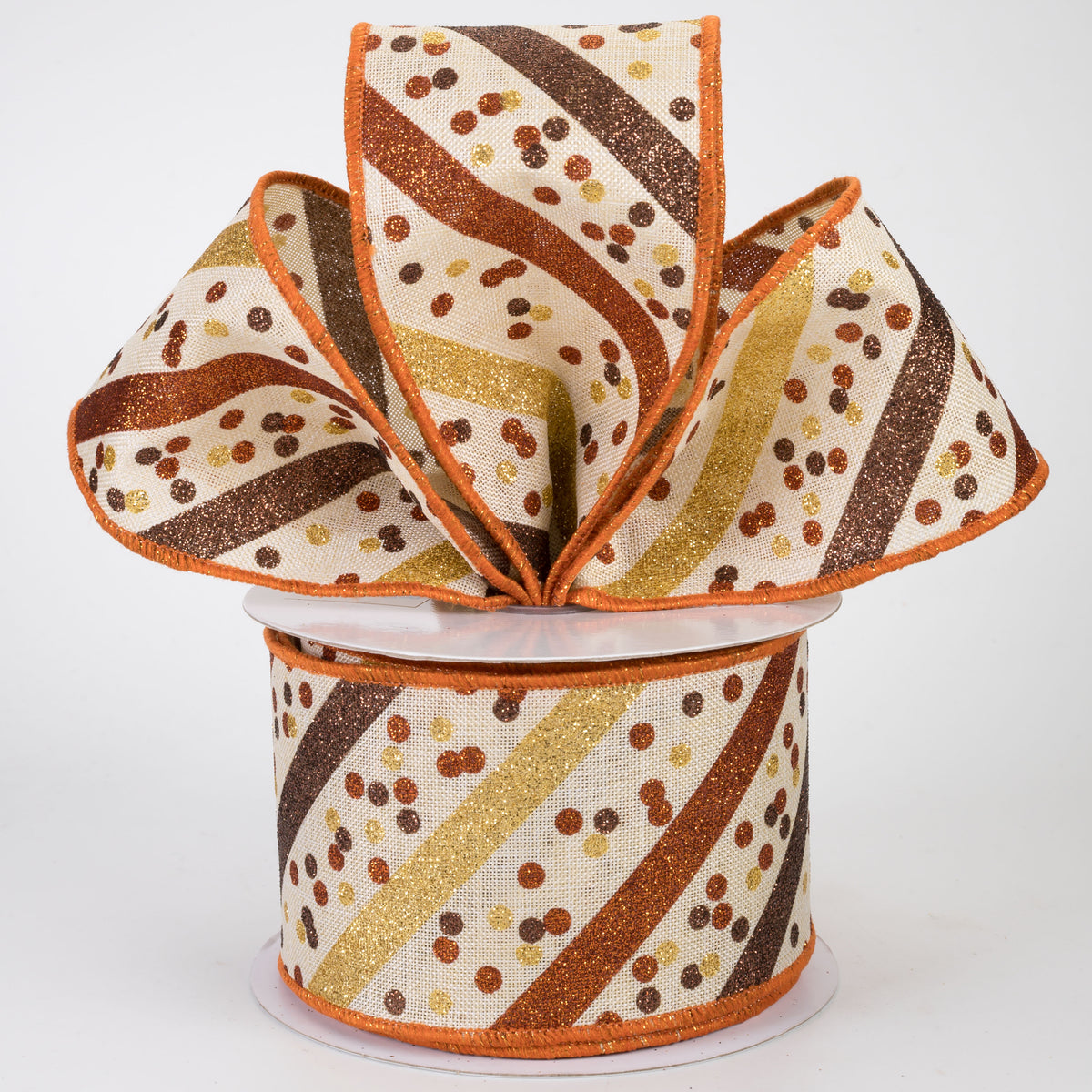 2.5" Diagonal Glitter Stripes & Confetti Dots Ribbon: Cream Fall (10 Yards)