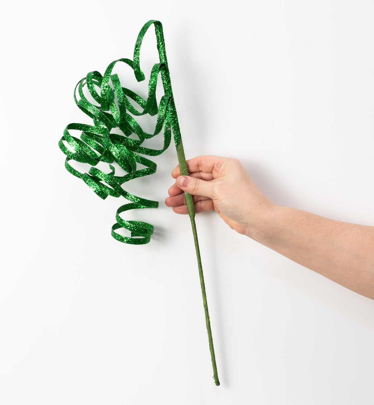 31" Curly Glitter Ribbon Spray: Emerald Green