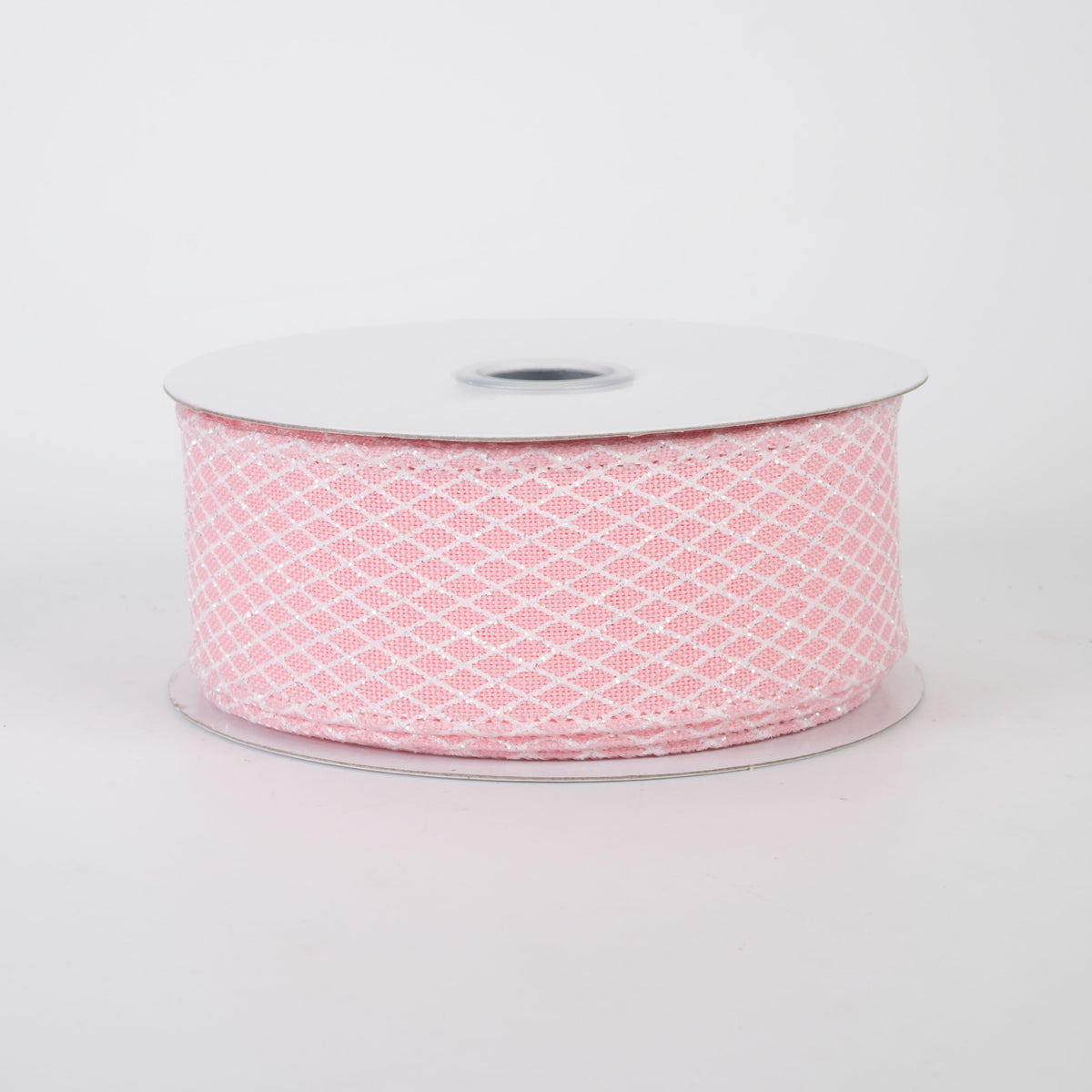 1.5" Mini Glitter Harlequin Ribbon: White on Rose Pink (10 Yards)