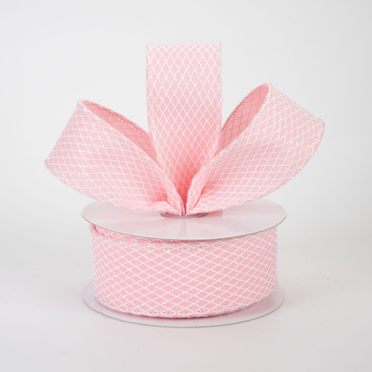 1.5" Mini Glitter Harlequin Ribbon: White on Rose Pink (10 Yards)